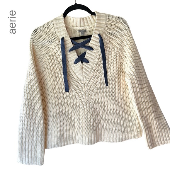 AERIE | NWOT LACE UP CHUNKY RIB KNIT SWEATER COTTON BLEND CREAM | SMALL - Picture 1 of 9